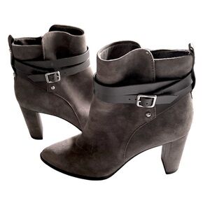 Essex Lane Taupe Grey Leather Suede Booties Shoes Size 7.5 M Strappy Block Heel